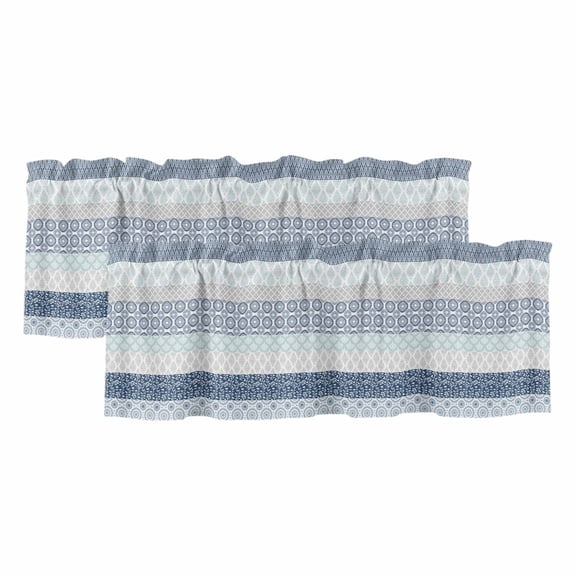 2 Pack Geometric Bohemia Valance for Window Stripes Gray White and Blue Kitchen Valance Rod Pocket Short Curtain Topper Decorative Window Treatment for Living Room Bedroom 42"x18"