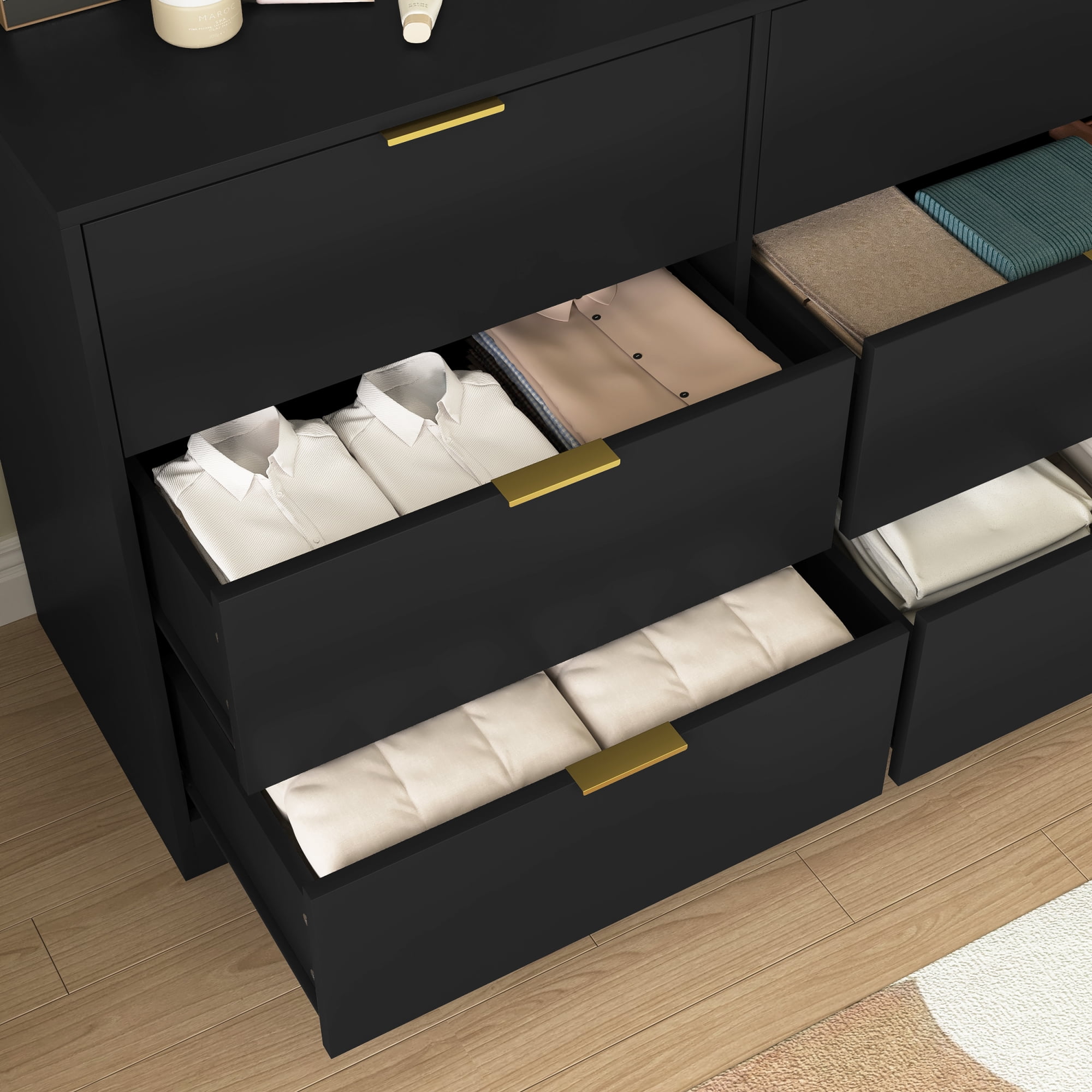 Modern 6 Drawer Dresser,Wood Chest of Drawers,Wide Storage Cabinet for Bedroom,Living Room,Hallway,Black