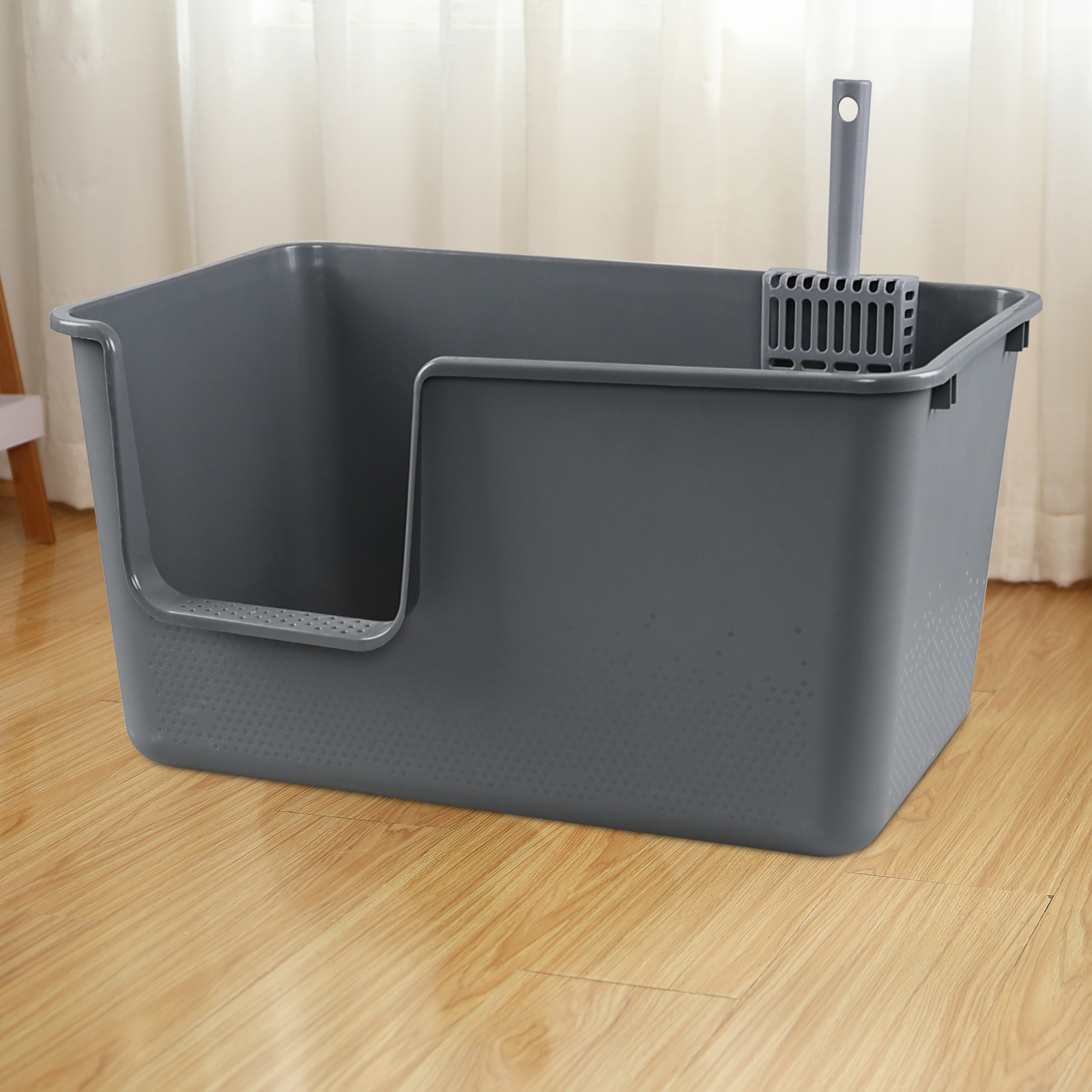 Qskely 4-Pack Large Open High Sided Cat Litter Box, Anti-Splashing Kitty Litter Box with Scoop, Gray
