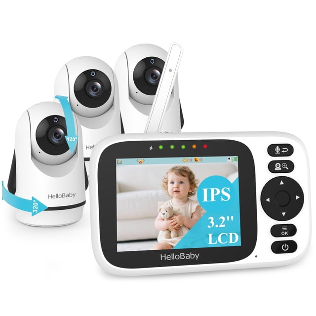 Monitor para bebé HelloBaby de 3.2" con 3 cámaras, sin WiFi y visión nocturna