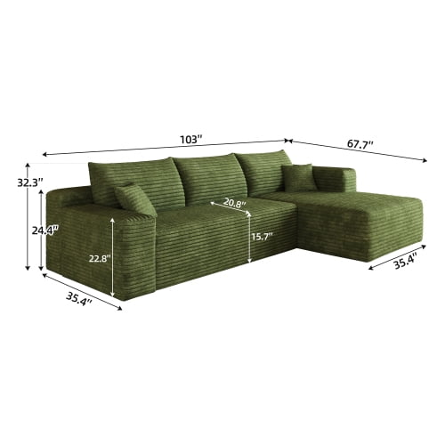103" Cloud Sectional Sofa, Modern L Shaped Deep Seat Couch, Plush Corduroy Upholstered Sofa No Assembly, Living Room