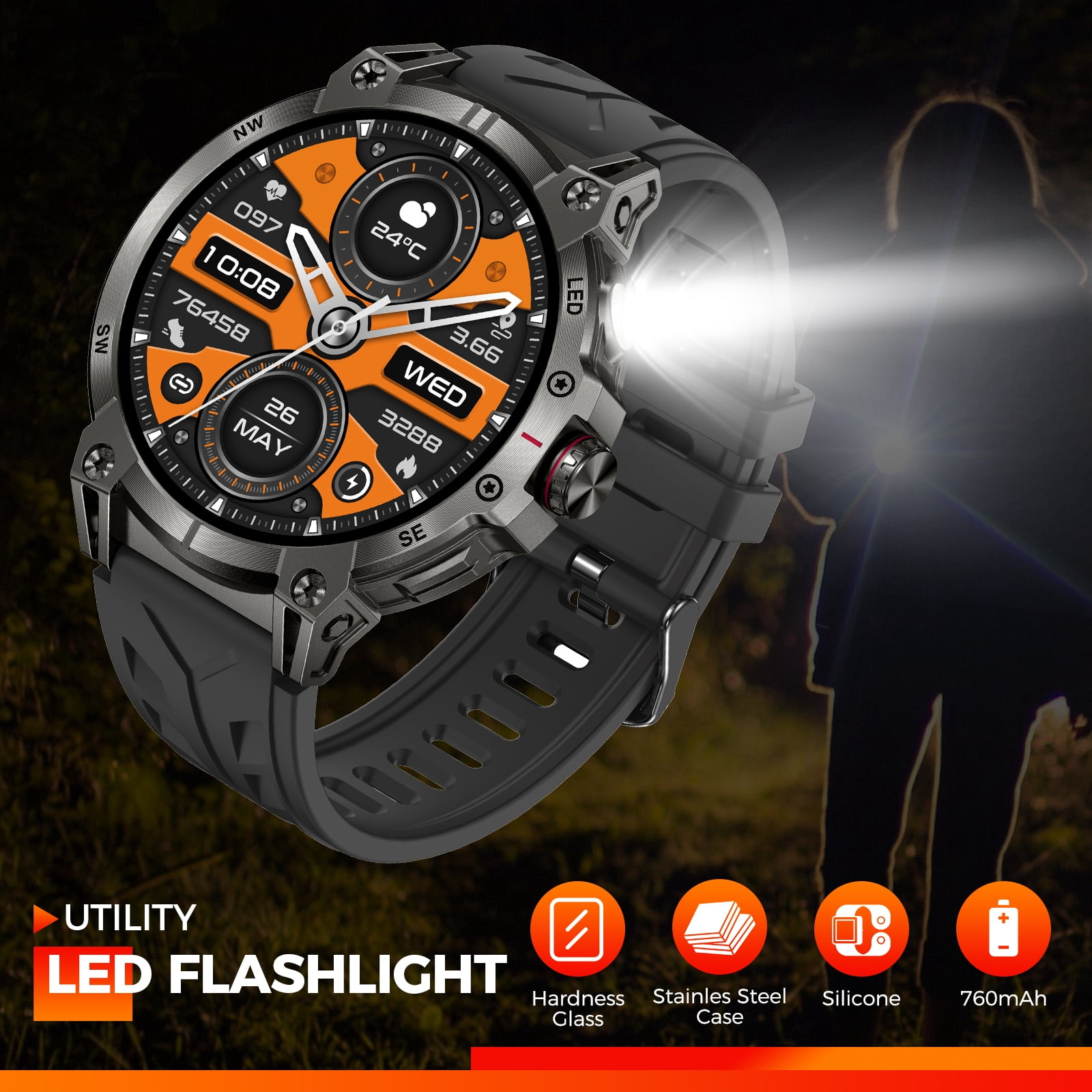 PAKRYS KC89 1.85'' HD 760mAh Battery Smart Watch for Men with LED Flashlight 100+ Sports Modes Fitness Tracker Smartwatches for iOS Android, 1pc