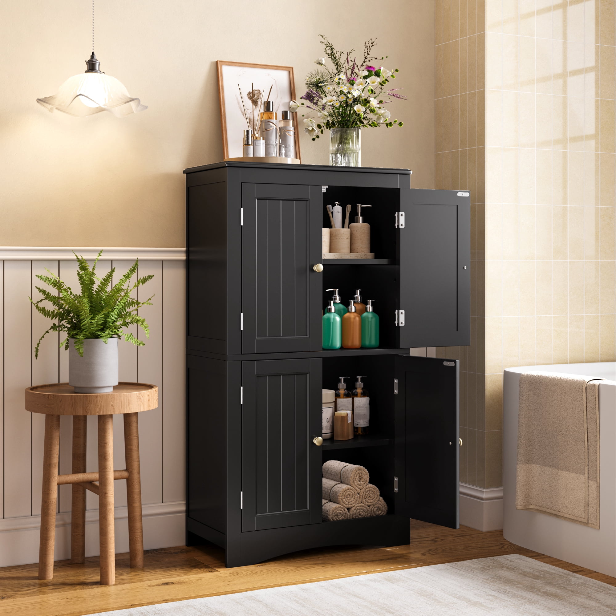 43" Kitchen Pantry Cabinet, Asofer Bathroom Storage Cabinet with Adjustable Shelves and 4 Magnetic Doors, Floor Cabinet for Kitchen, Living Room,Black