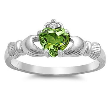 CHOOSE YOUR COLOR Simulated Peridot Claddagh Heart Friendship Ring .925 Sterling Silver Band Green CZ Female Size 6