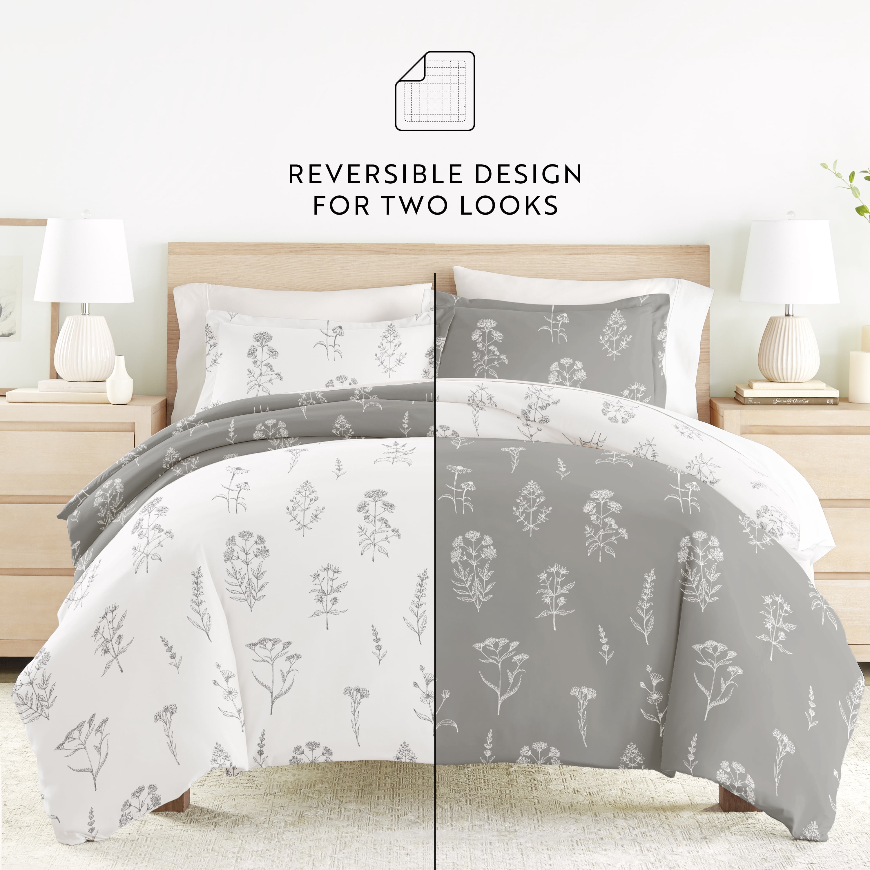 Noble Linens 7 Piece Patterned Duvet Bedding Bundle, Botany Floral Gray, Twin