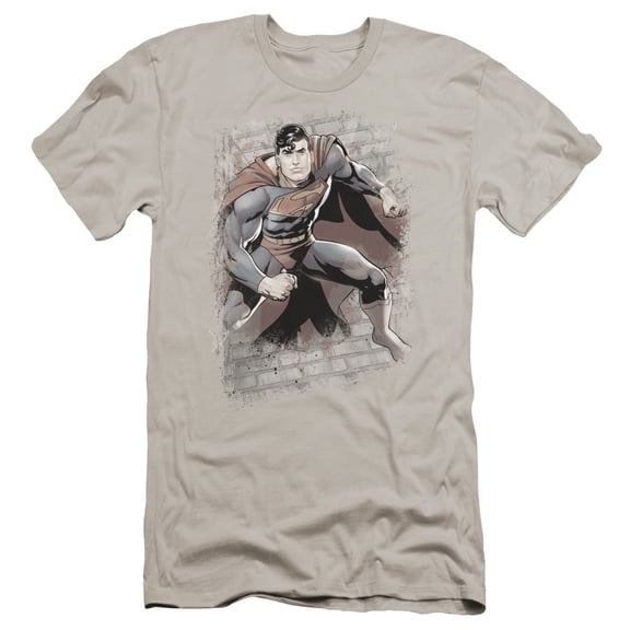JLA Justice League Superman Bricks Premium Canvas Adult Slim Fit 30/1 T-Shirt Silver