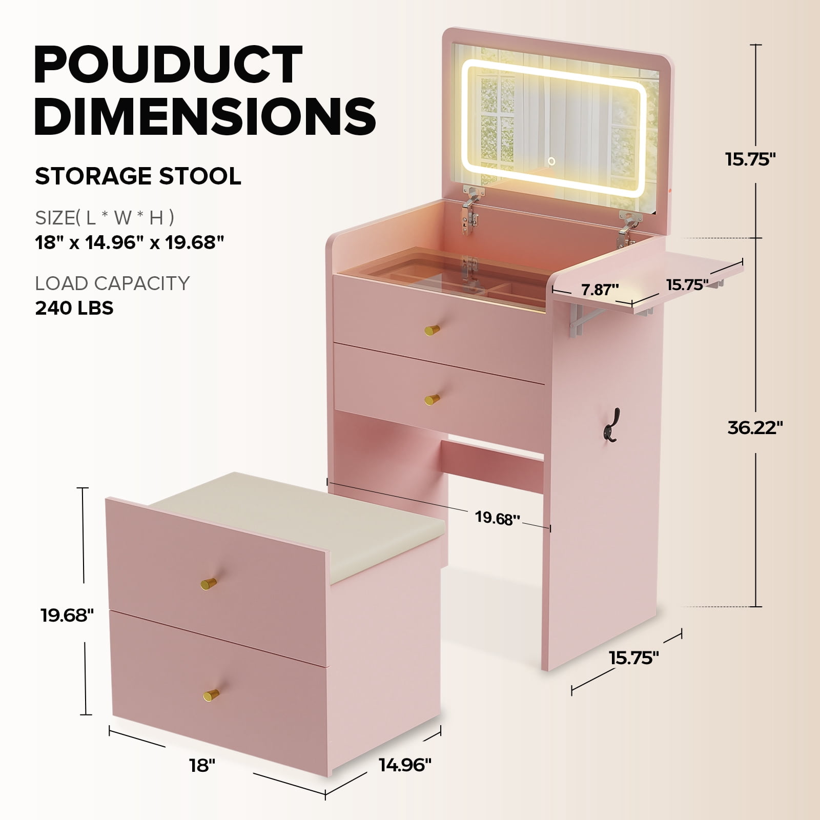 LUCKLIFE 3-in-1 Makeup Vanity Set with Lighted Flip Top Mirror & Storage Stool, Small Space Dressing Table with Foldable Side Tray, Glass Top Desk & Nightstand for Bedroom, Pink