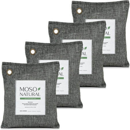 Moso Natural Air Purifying Bag, 200g Bamboo Charcoal Odor Absorber and Small Space Deodorizer, Closet Odor Eliminator and Car Air Freshener, 4 Pack