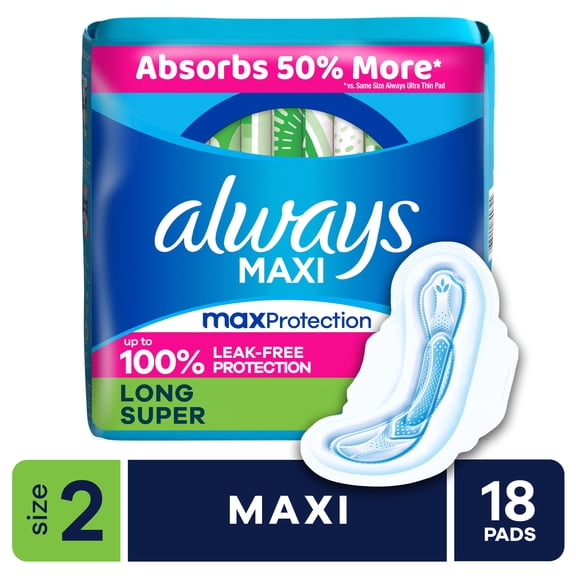 Always Maxi Daytime Pads with Wings, Size 2, Long, Unscented, 18 Count