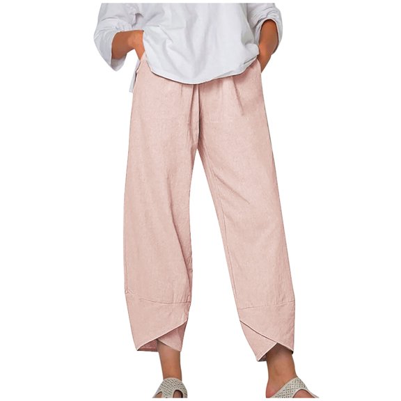 XFLWAM Womens Cotton Linen Capri Pants Summer Elastic Waisted Casual Pants Wide Leg Loose Fit Comfy Pajama Beach Trousers Pink 3XL
