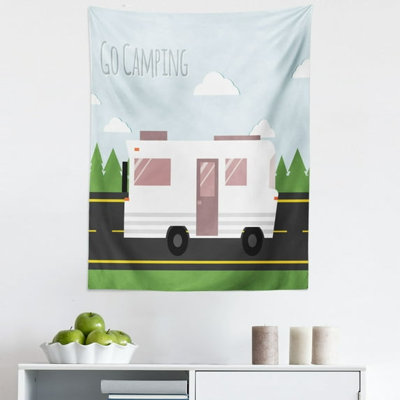 RV Tapestry, Summer Camp Concept Motorhome on the Road Outdoor Activity and Vacation Illustration, Fabric Wall Hanging Decor for Bedroom Living Room Dorm, 5 Sizes, Multicolor, by Ambesonne