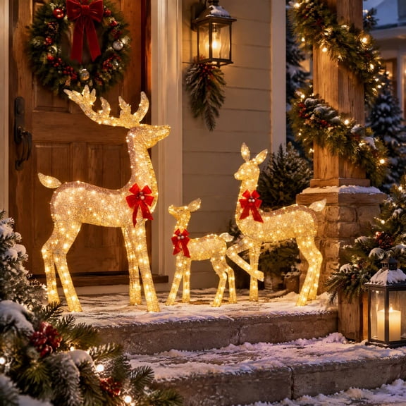 3-Piece 2D Lighted Christmas Deer Family Set, 11.8" Christmas Deer Outdoor Decorations with LED Lights, Velvet Bow, for Yard Lawn Porch Garden Holiday Decor