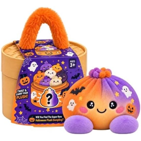 Halloween Mystery Plush Dumpling Squishy, Soft Stuffed Animal Pillow with Fuzzy Handle Steamer, Collectible Dumpling Plushies Doll Food Plush Fidget Toys for Party Favors (Orange)