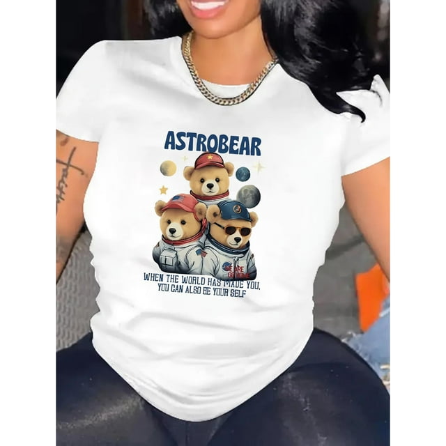 Camiseta De Mujer Camiseta De Verano Para Mujer Para Viajes En La Calle TrabajoCartoon Bear & Slogan Print Comfy T-Shirt, Round Neck Short Sleeve Sports Tee, Women's ActivewearFather's Day, Mother's