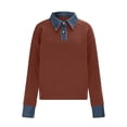 thumbnail image 5 of QATAINLAV Sweaters for Women with Denim Collar and Cuffs Long Sleeve Pullover 2 in 1 Denim Panel Lapel Knit Sweater Polos Shirts Coffee Free Size, 5 of 9