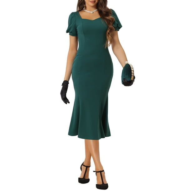 INSPIRE CHIC Vestidos Elegantes de Negocios para Mujeres con Escote Corazón, Manga Corta Abullonada, Vestido Midi Sirena L Verde Oscuro