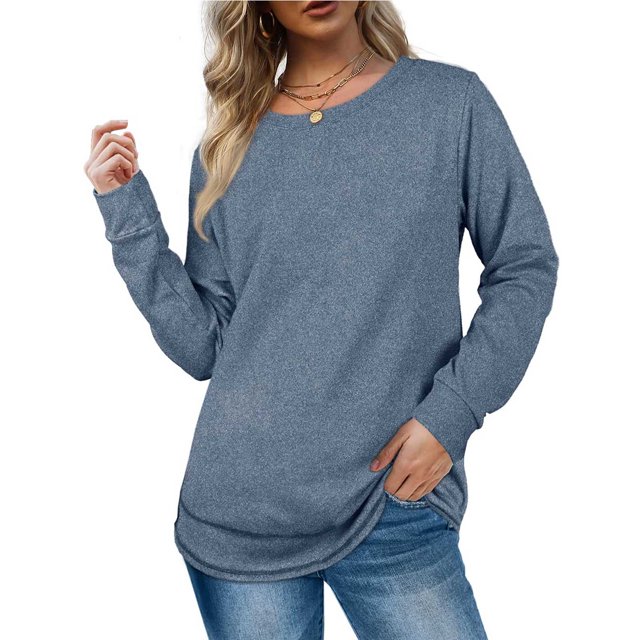 Qertyioot Hauts de Mode pour Femmes, Pull-Over à Manches Longues à Col Rond Uni pour l'Automne et l'Hiver