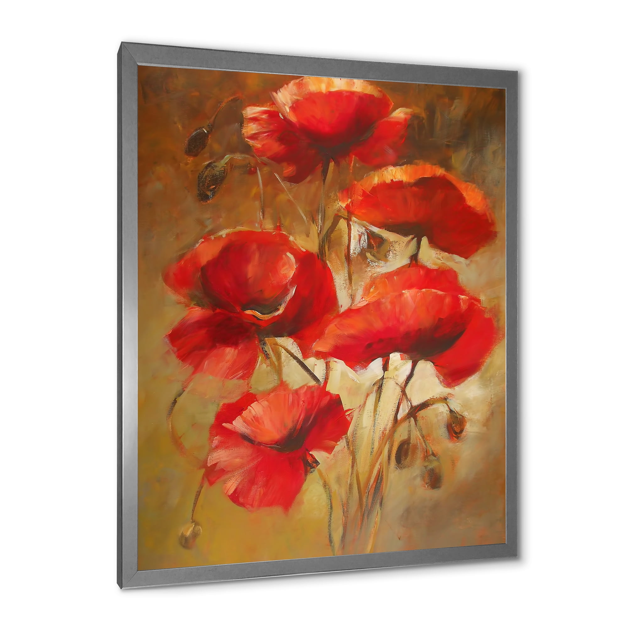 Designart 'Red Blossoming Poppies Over Wild Brown I' Traditional Framed Art Print