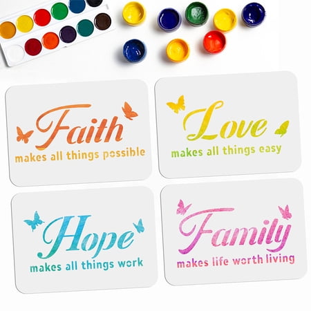 1Set 4pcs Word Stencils 11.7 x 8.3 inch Faith Love Hope Family Word Painting Stencils for Painting Reusable Sign Stencils for Painting on Wood Porch Scrapbooking Wall