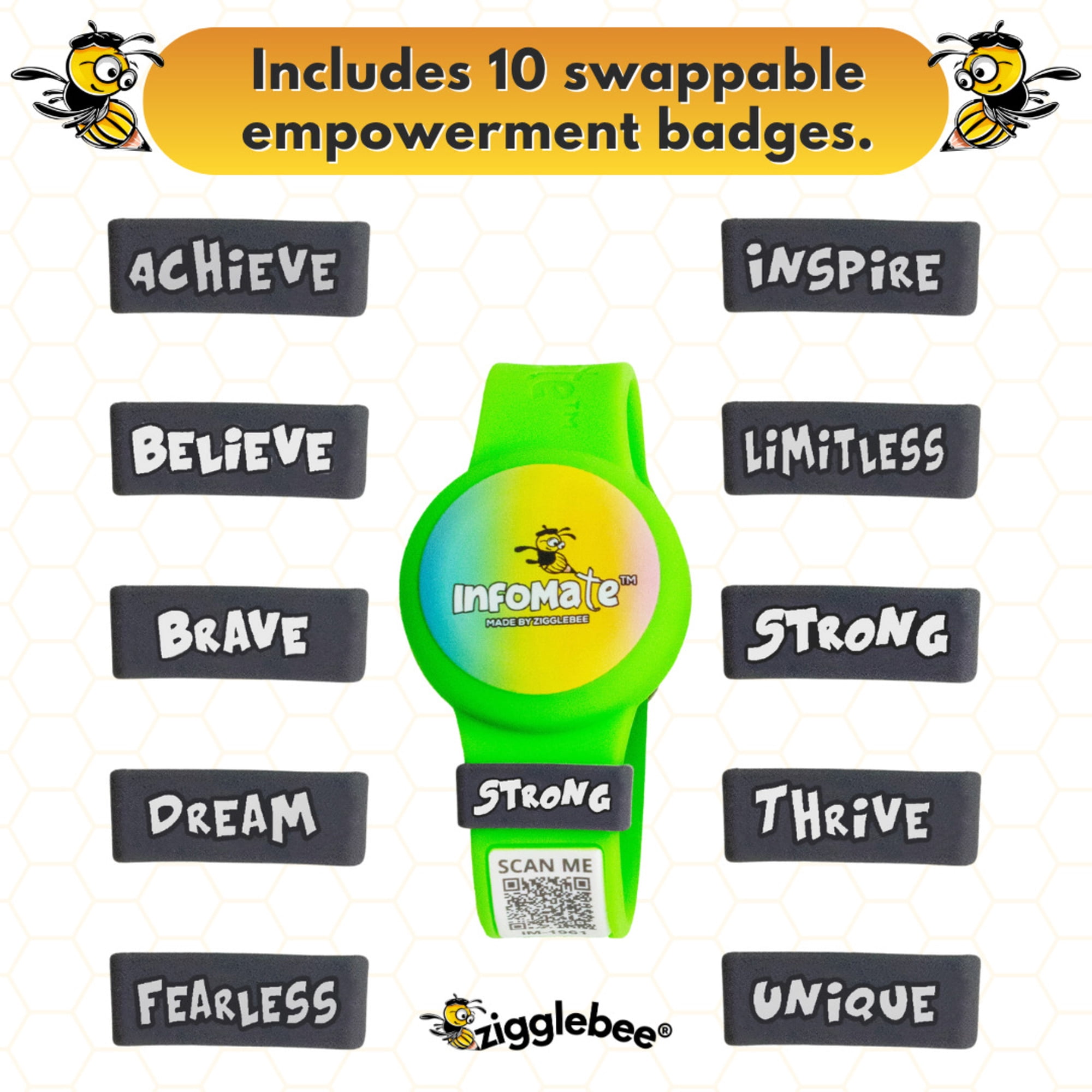 InfoMate by Zigglebee QR Code Medical Bracelet and AirTag Holder Wristband, Lime Green, Butterfly Clasp