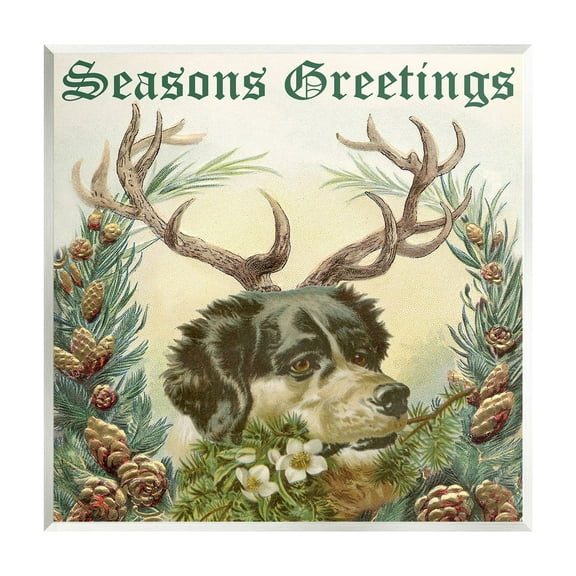 Stupell Industries Seasons Greetings Dog Wearing Antlers Botanical Border Graphic Art Unframed Art Print Wall Art, Design by Alicia Longley