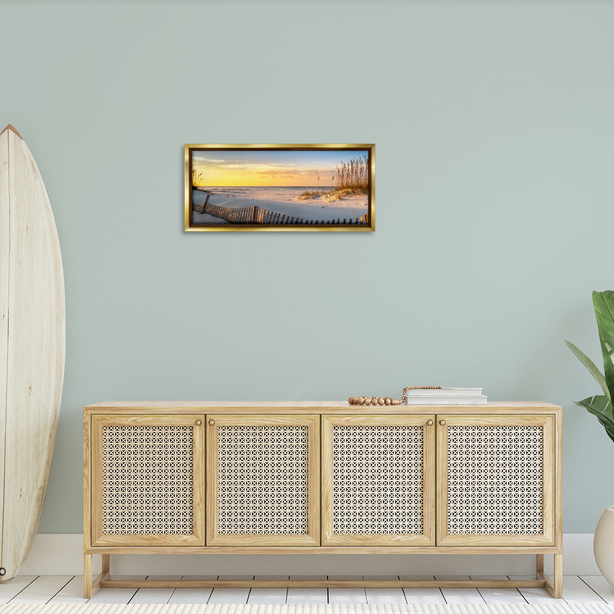 Stupell Industries Panoramic Coastal Beach Sunrise Nature Photography Gold Floater Framed Canvas Art Print Wall Art, 31 x 14