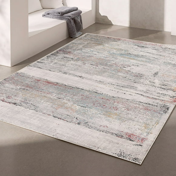 Rug Branch Esker 5' x 8' (5'3" x 7'7") Grey/Red Distressed Abstract Indoor Area Rug, Comtemporary, Medium Pile, Stain-Resistant Carpet - Living Room, Bedroom, Dining Room, and Kitchen