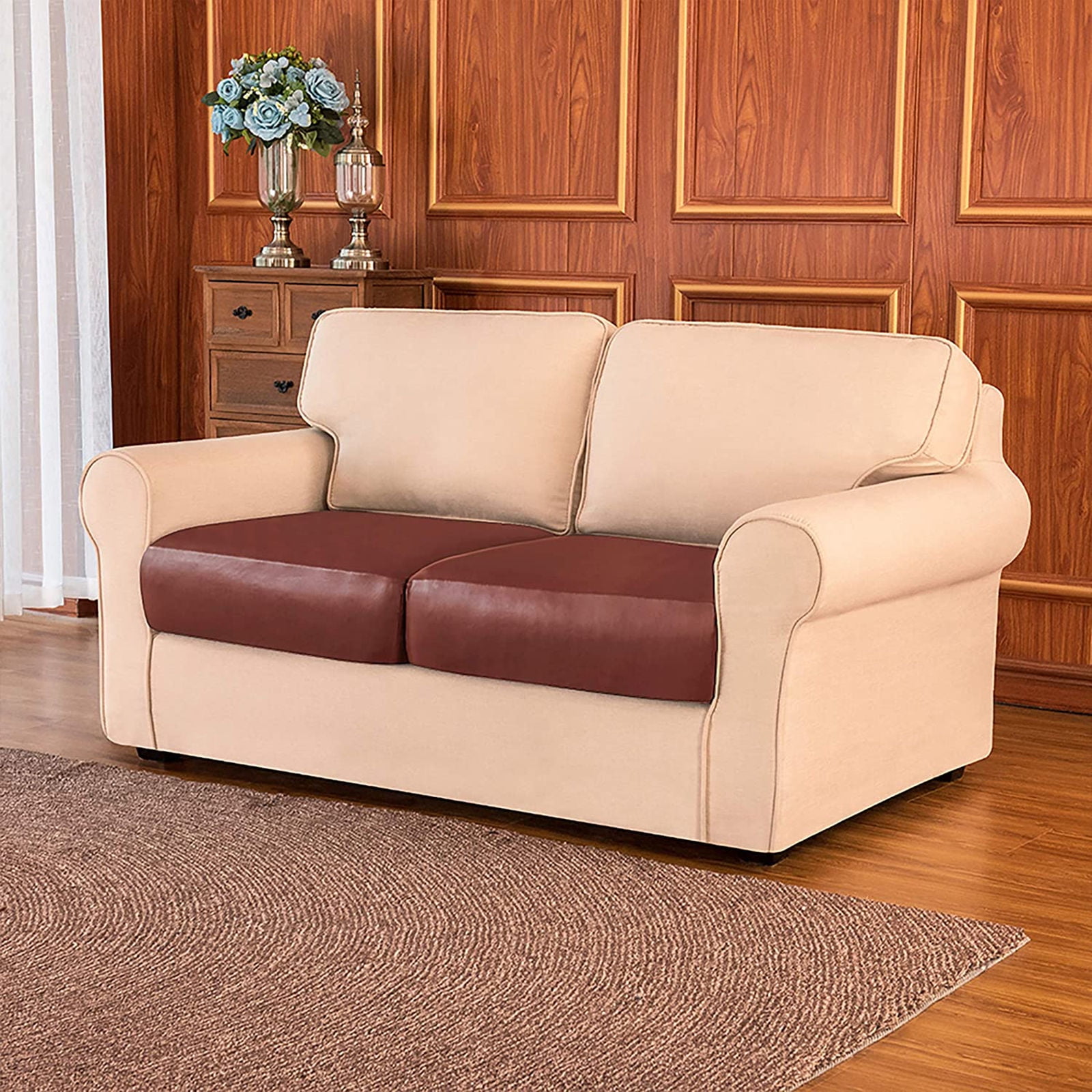 Water Resistant Cushion Cover, Leather Couch Cushion Cover Soft Furniture Protector Easy to Clean and Durable Cushion Cover for Restaurant-Orange-2-Seat