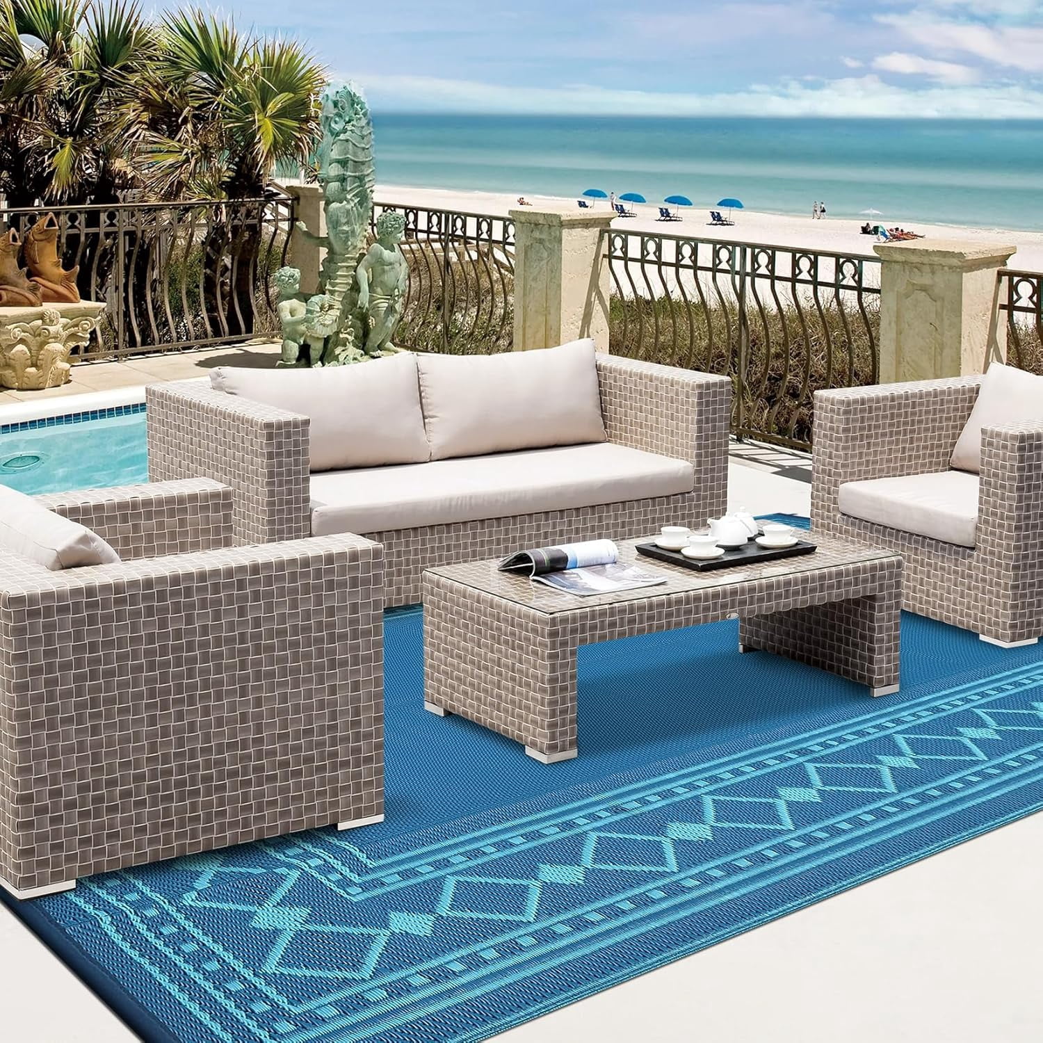 Memoryfield 9' x 18' Outdoor Rug Waterproof, Reversible Plastic Straw Patio Mat, Portable Rug for Deck, RV, Camping & Balcony, Blue