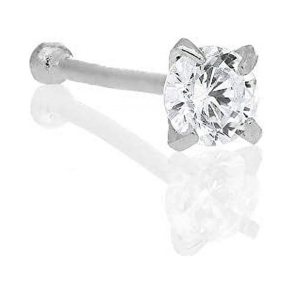 JewelStop 14K Solid White Gold Nose Ring Bone CZ Prong Ring - 2mm 20 Gauge