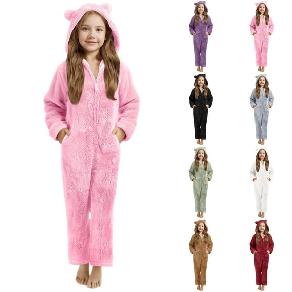Gaexia Girls Hooded Romper,Girls Zip Up Jumpsuits,Girls Onesie Warm Animal Bed Jumpsuit Kids Cute Winter Plain Zip Up Long Sleeve Soft Hooded Romper