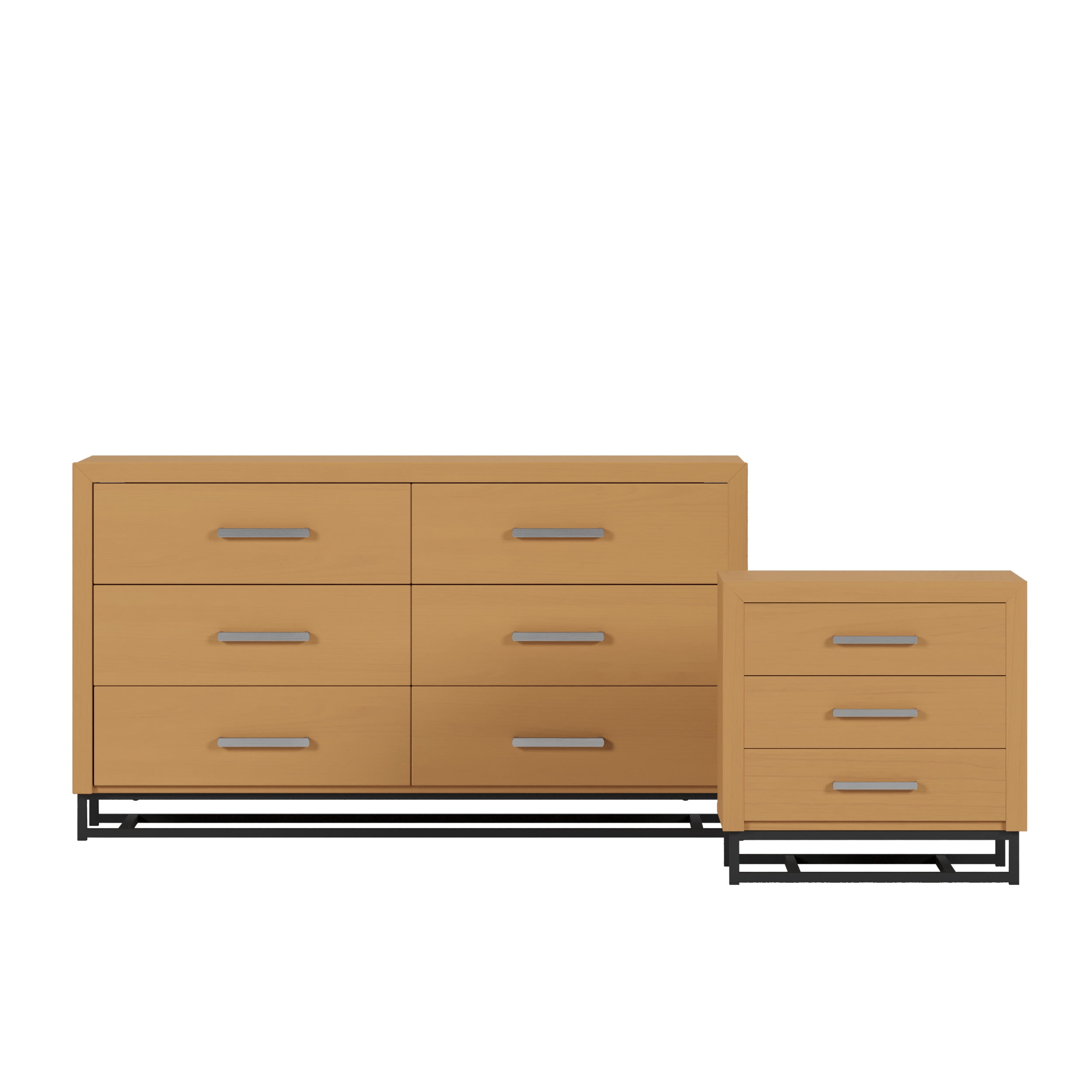 Noble House Cayuga Faux Wood 2 Piece Double Dresser and Nightstand Bedroom Set, Maple and Black