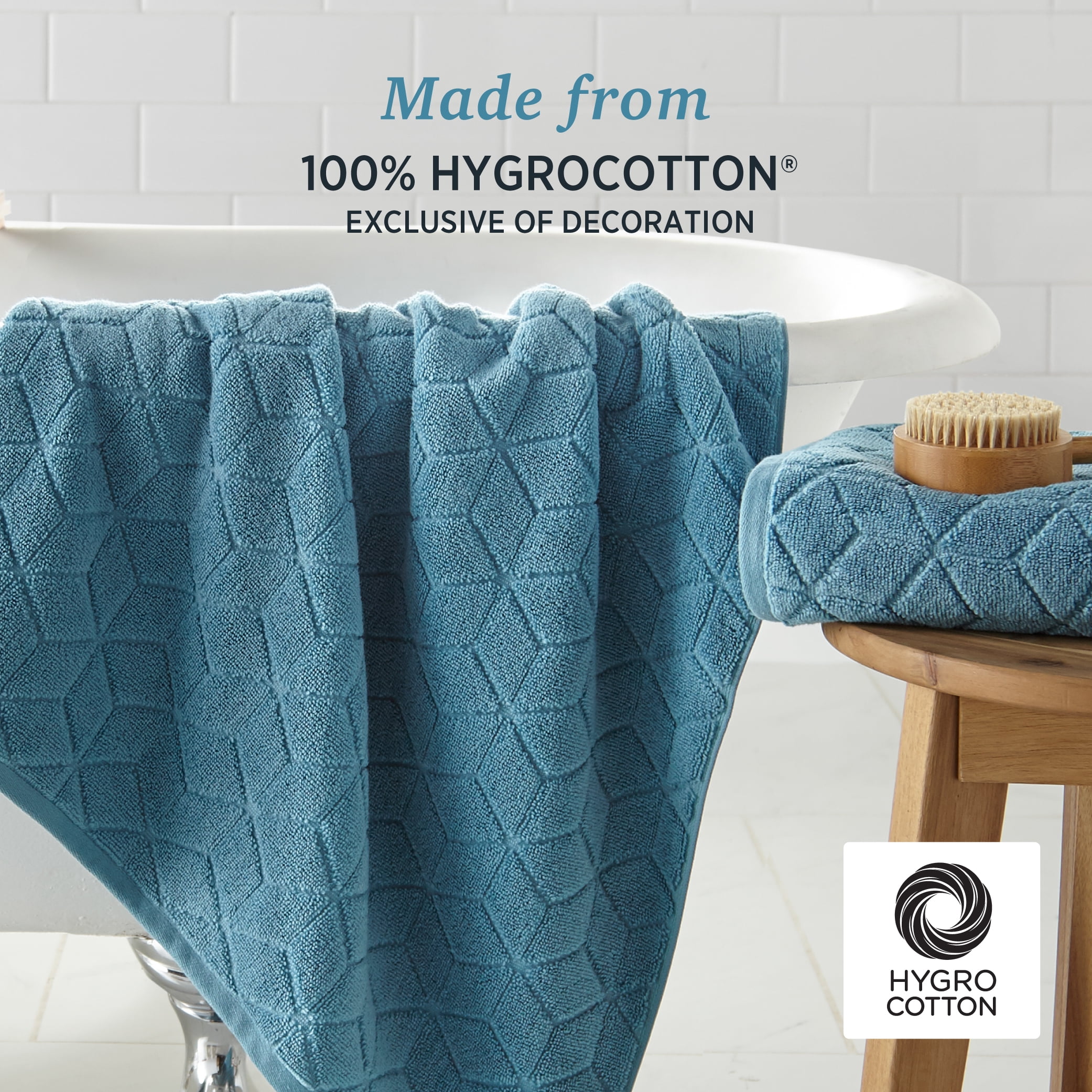 WelHome 100% HYGROCOTTON® 4-Piece Textured Soft Bath Towels Set, Delphinium Blue, 550 GSM, 30" x 56", Large, Absorbent & Plush Bathroom Towels
