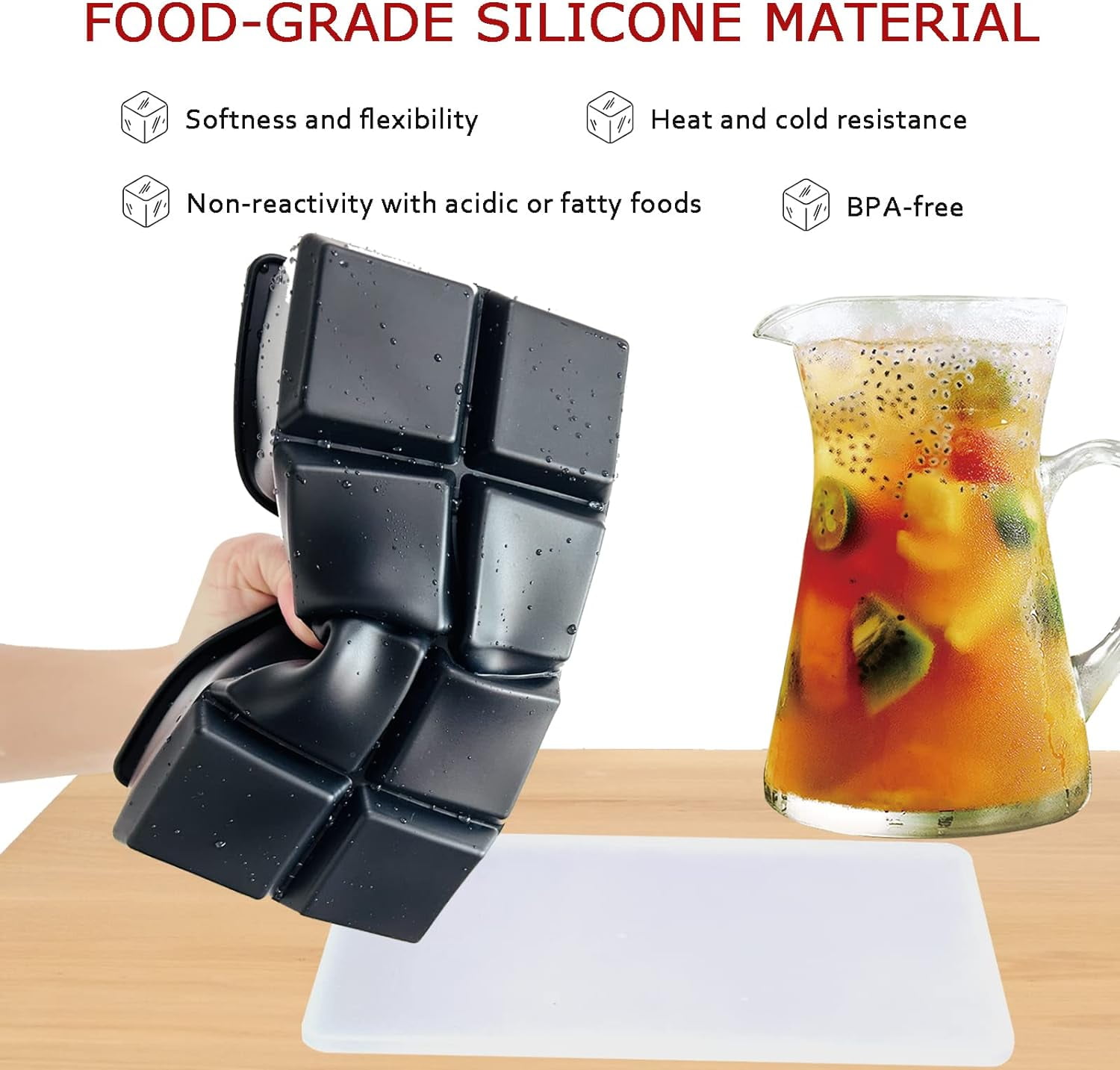 Large Ice Cube Tray - Big 2-Inch Square Silicone Ice Cube Molds with Removable Lids - Food Grade, Reusable, BPA Free - Ideal for Cocktails, Whiskey, Fruit Juices and More (3-Pack Black)