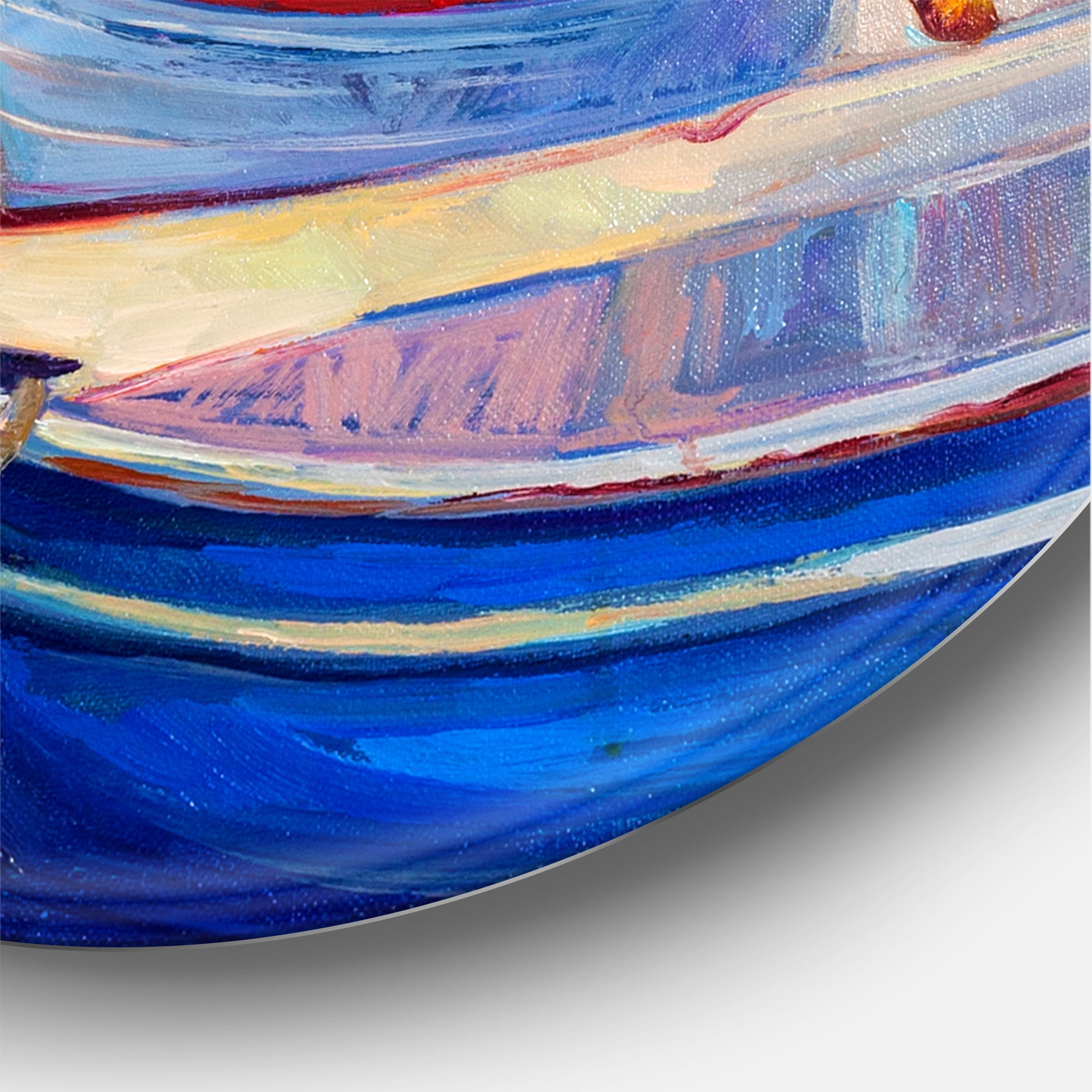 Designart 'Boats During Warm Colourd Sunset In The Harbor I' Nautical & Coastal Circle Metal Wall Art 29x29 - Disc of 29
