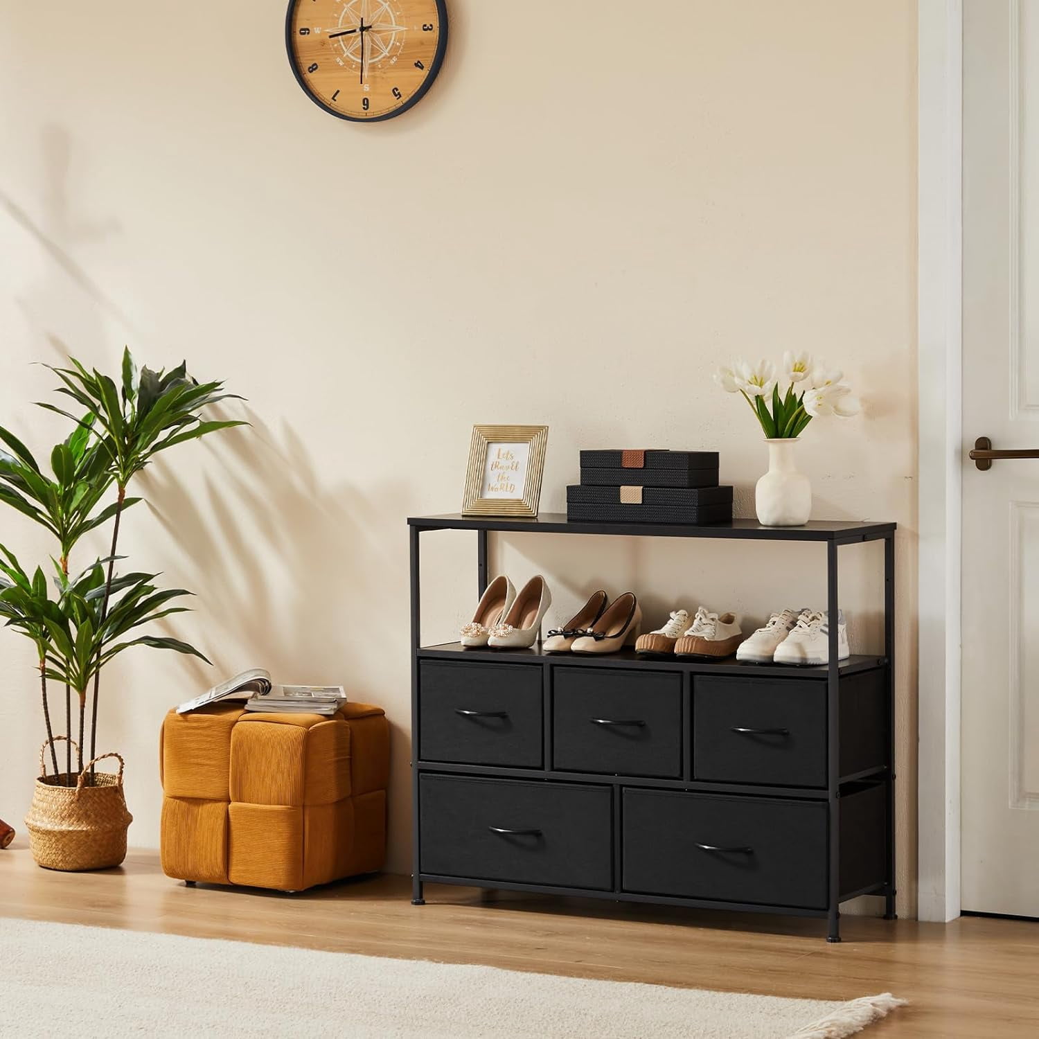 Black Dresser, c Cabinet with Storage Drawers, Fabric TV Console, Media Gaming Stand for Living Room, Bedroom