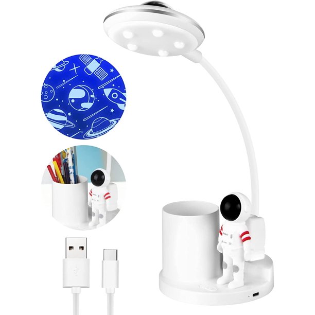 Lámpara de escritorio LED para niños (blanca), lámpara de mesa inalámbrica regulable con portalápices y proyección, luz de lectura de cuello de cisne flexible recargable para sala de estudio de oficin