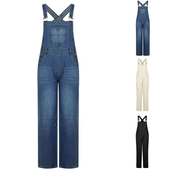 Olyvenn Womens Jean Overalls Loose Fit Adjustable Strap Denim Jumpsuits Rompers Bib Overall 2025 Spring Fashion Work Outfits Beige XL