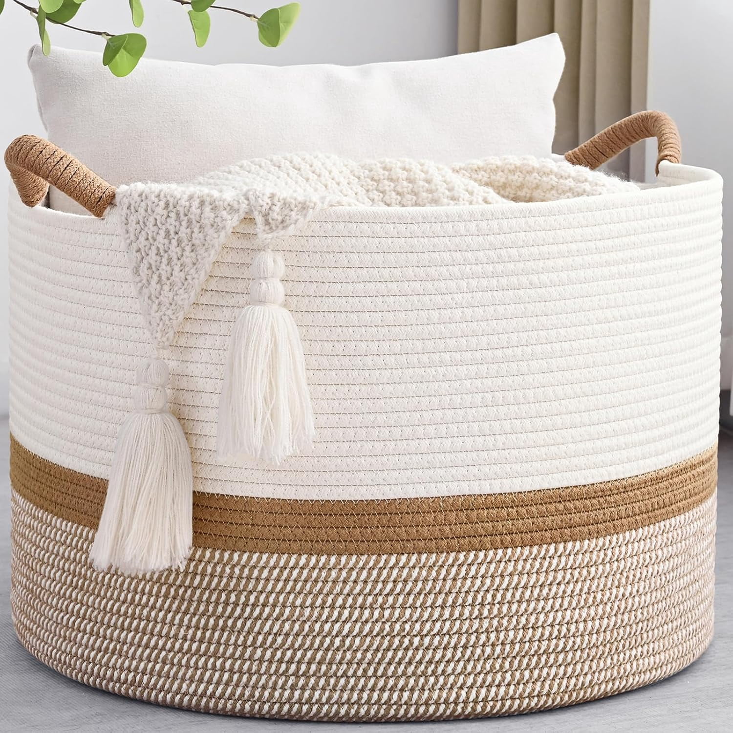 67L Large Blanket Basket, 20"x13" Woven Storage Baskets With Handle, Cotton Rope Blanket Basket Living Room, Baby Laundry hamper for Blanket, Nursery, Toy, Pillow (Brown & Black)