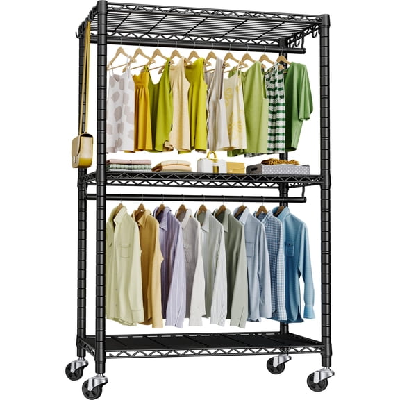 Black P3 Rolling Heavy Duty Clothes Rack, Freestanding Portable Garment Storage