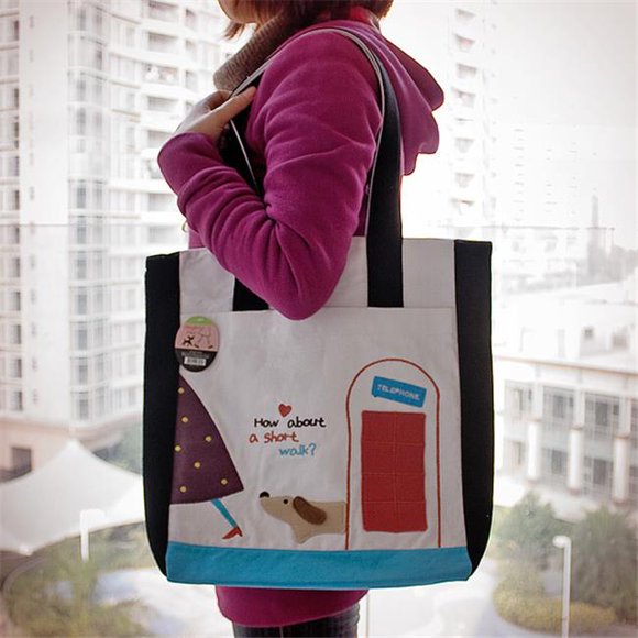 BE-30-BLACK 14 x 14.5 x 4 in. A Short Walk - Embroidered Applique Fabric Art Shoulder Tote Bag & Shopper Bag