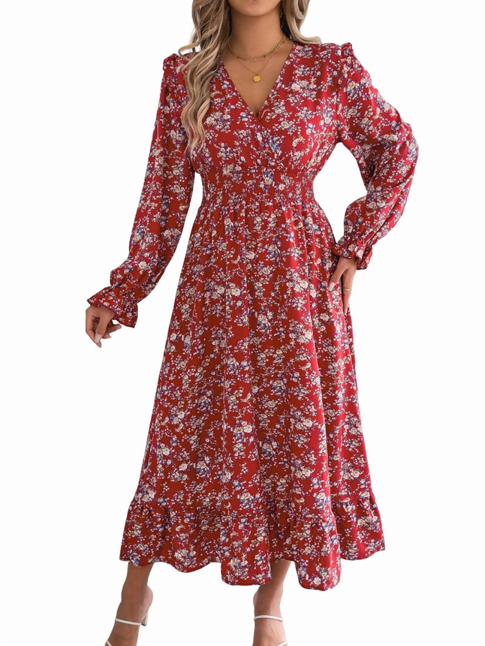Women'S Long Sleeve Floral Print V-Neck Ruffle Hem Maxi Dress Shirred Waist Red M