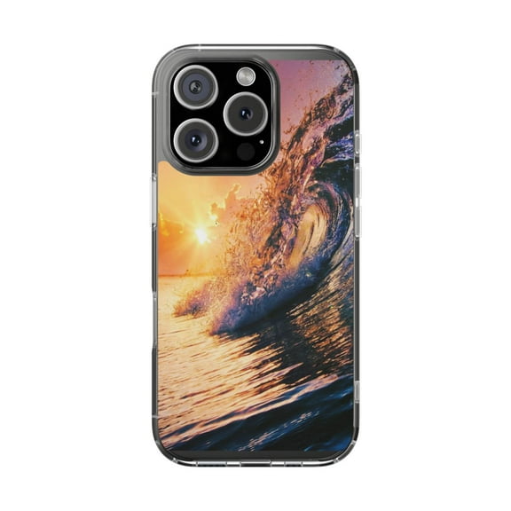 DistinctInk Clear Hybrid Case for Apple iPhone 16 Pro (6.3" Screen) - Ocean Wave Sunset - Raised Bezel Screen Guard