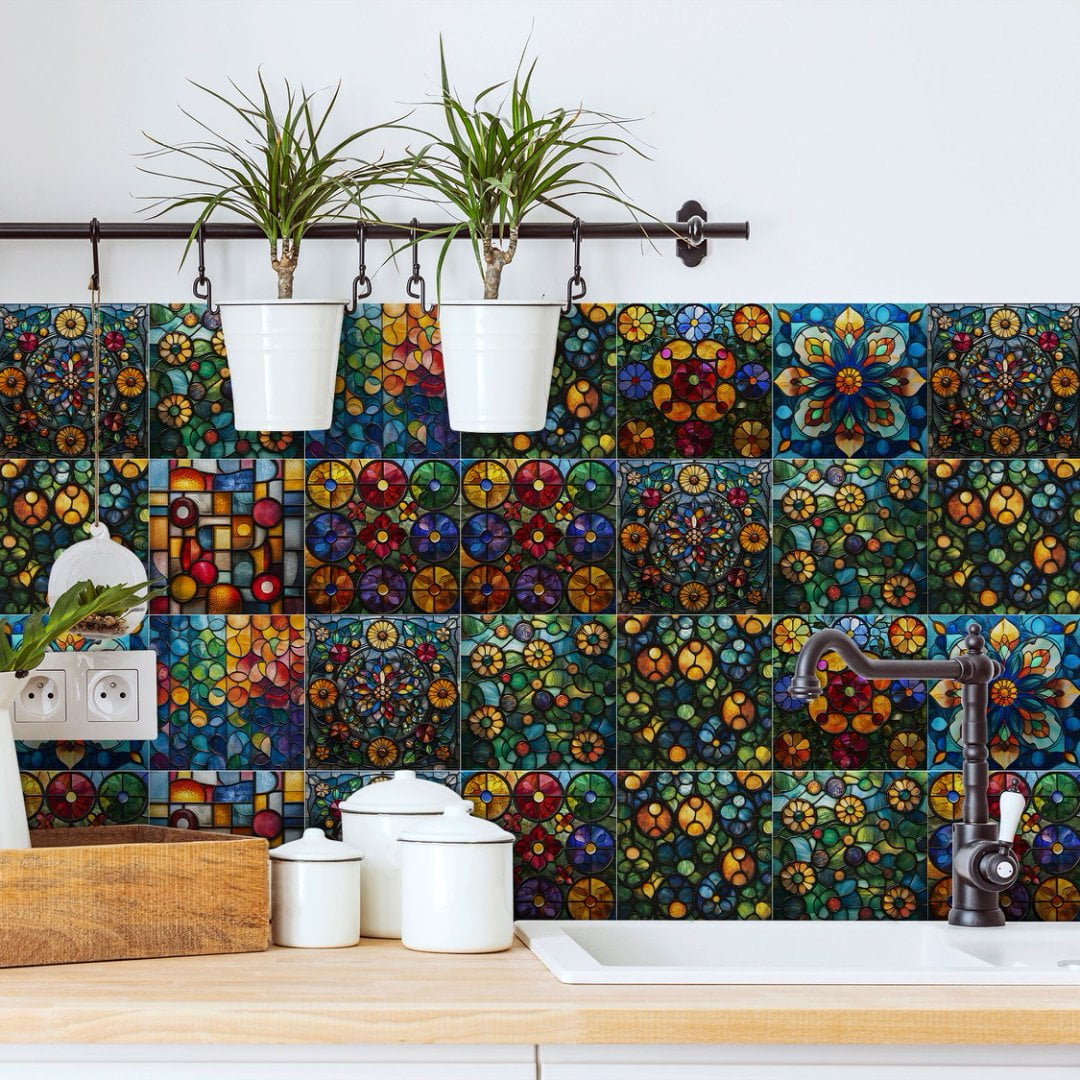 24Sheets Tile Wall Sticker Kitchen Backsplash 7.87" x 7.87" Removable Waterproof PVC Multicolor Flowers DIY Decals Peel and Stick Tiles