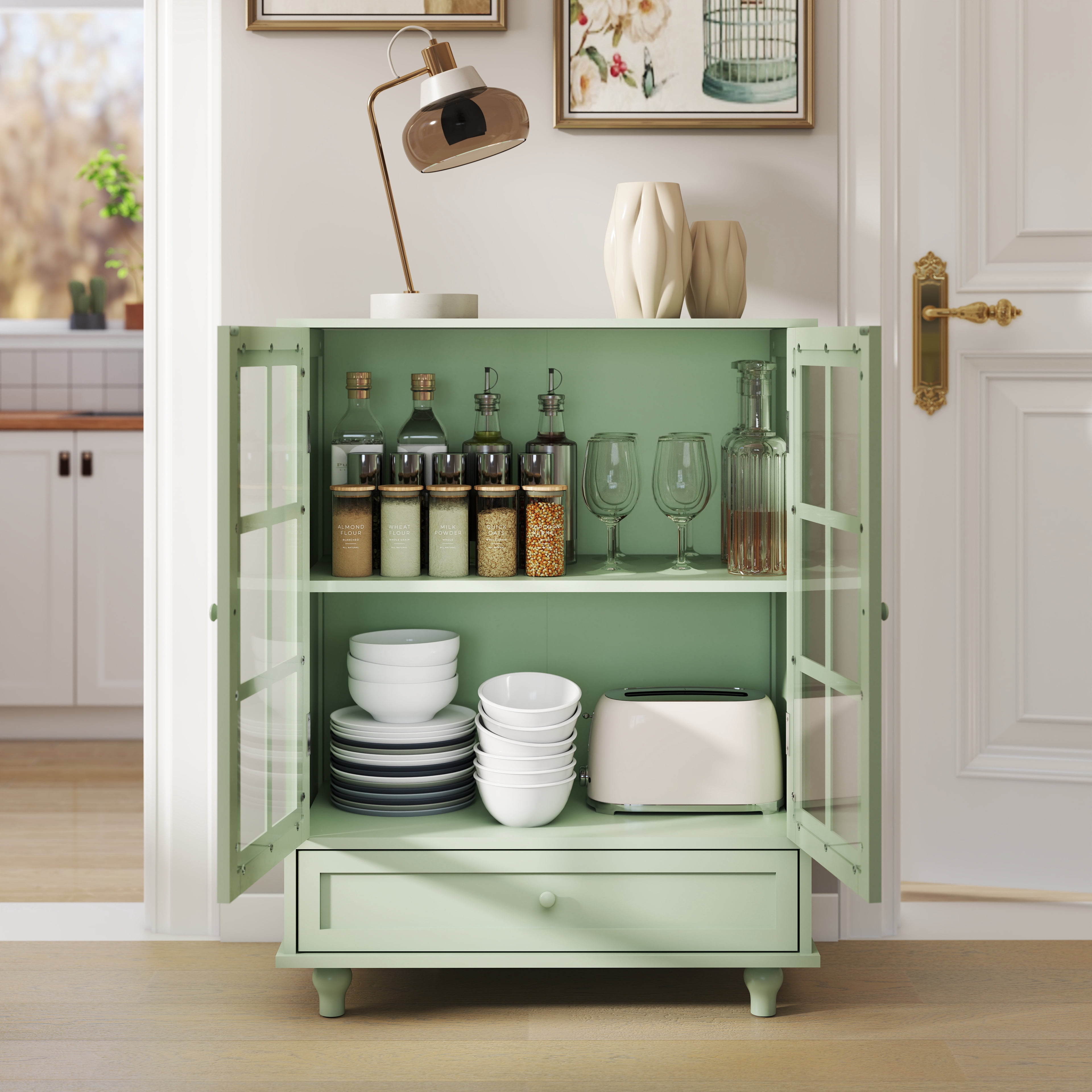 TrumanPick Sideboard Buffet Cabinet with Glass Doors & Drawer - 36" Kitchen Pantry Storage Cabinet for Dining Room, Living Room Coffee Bar, Green