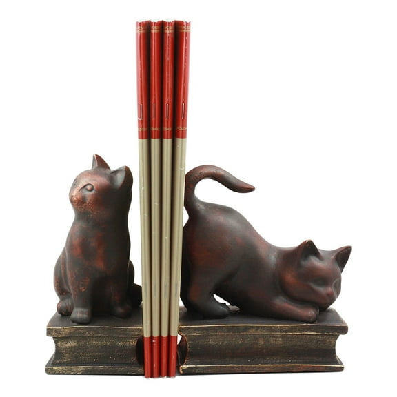 Ebros Adorable Sitting And Crouching Feline Cat Resin Bookends 7" Tall Abstract Cat Art Statue Figurine Set of 2
