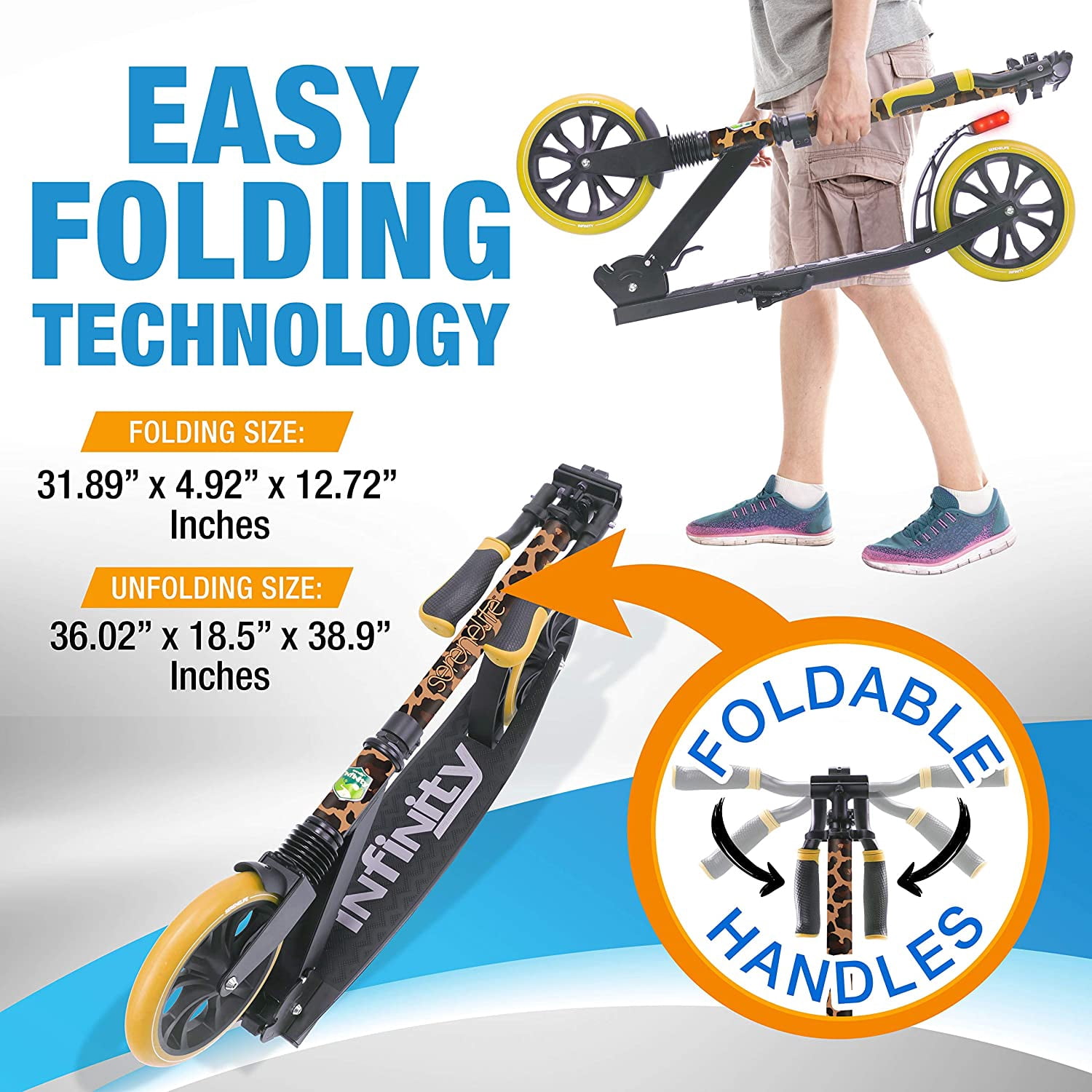 Serene Life Lightweight and Foldable Kick Scooter - Adjustable Scooter for Teens and Adult (Leopard)
