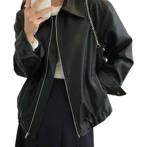 Women Jacket Faux Leather Smooth Surface Turn-down Collar Zipper Closure Stretchy Hem Long Sleeves Motorcycle Coat Travel Outerwear