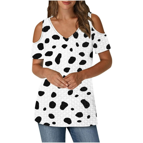 Womens Cold Shoulder Tunic Tops with Prints Short Sleeve V Neck Graphic Tees Summer Fashion Tshirts (XL, White-Cow)
