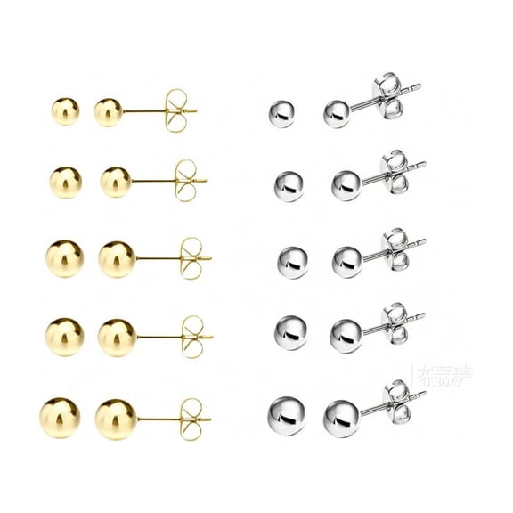 10 Pairs Sterling Silver & Gold Ball Stud Earrings Set for Women, Hypoallergenic Multiple Piercing Earrings, Small Round Studs 3–7mm Jewelry Gift
